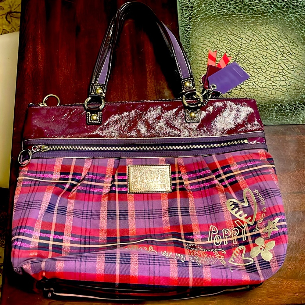 Coach Poppy Purple Plaid Tote